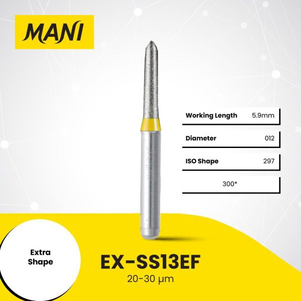 Mani Diamond Bur EX-SS13EF Round End Taper Extra Fine Grit Yellow FG SS Super Short Shank 14.5mm (5) Mani Diamond Bur EX-SS13EF Round End Taper Extra Fine Grit Yellow FG SS Super Short Shank 14.5mm (5)