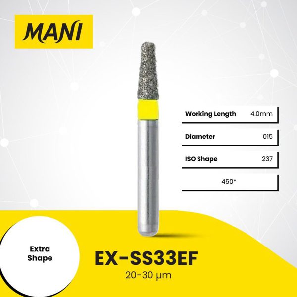Mani Diamond Bur EX-SS33EF Round End Taper Extra Fine Grit Yellow FG SS Super Short Shank 14.5mm (5) Mani Diamond Bur EX-SS33EF Round End Taper Extra Fine Grit Yellow FG SS Super Short Shank 14.5mm (5)