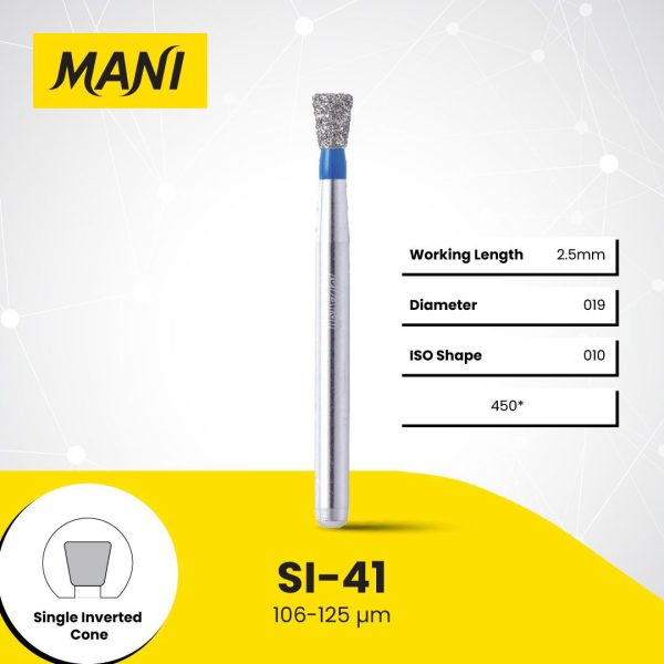 Mani Diamond Bur SI-41 Inverted Cone Standard Grit Blue FG 19mm (5) Mani Diamond Bur SI-41 Inverted Cone Standard Grit Blue FG 19mm (5)