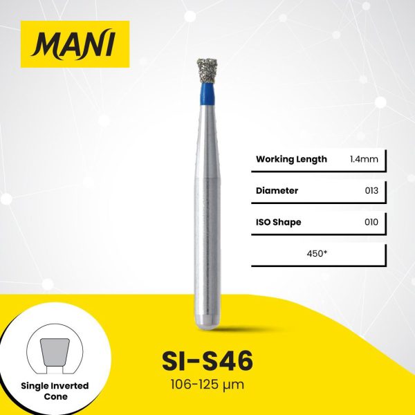 Mani Diamond Bur SI-S46 Inverted Cone Standard Grit Blue FG SS Short Shank 16.5mm (5) Mani Diamond Bur SI-S46 Inverted Cone Standard Grit Blue FG SS Short Shank 16.5mm (5)