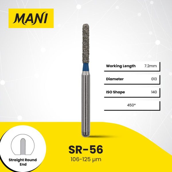 Mani Diamond Bur SR-56 Round End Cylinder Standard Grit Blue FG 19mm (5) Mani Diamond Bur SR-56 Round End Cylinder Standard Grit Blue FG 19mm (5)