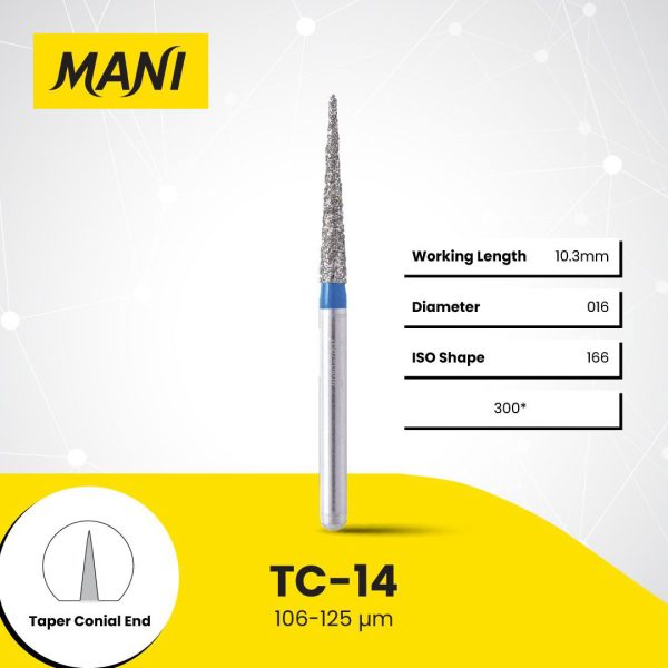 Mani Diamond Bur TC-14 Pointed Cone Standard Grit Blue FG 19mm (5) Mani Diamond Bur TC-14 Pointed Cone Standard Grit Blue FG 19mm (5)