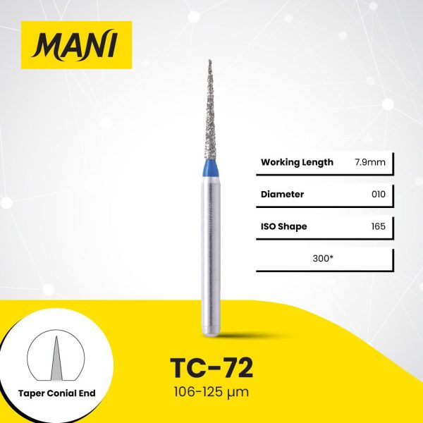 Mani Diamond Bur TC-72 Pointed Cone Standard Grit Blue FG 19mm (5) Mani Diamond Bur TC-72 Pointed Cone Standard Grit Blue FG 19mm (5)