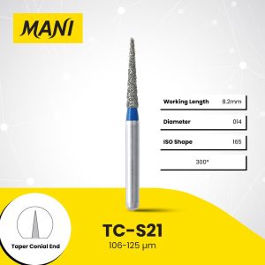 Mani Diamond Bur TC-S21 Pointed Cone Standard Grit Blue FG SS Short Shank 16.5mm (5)