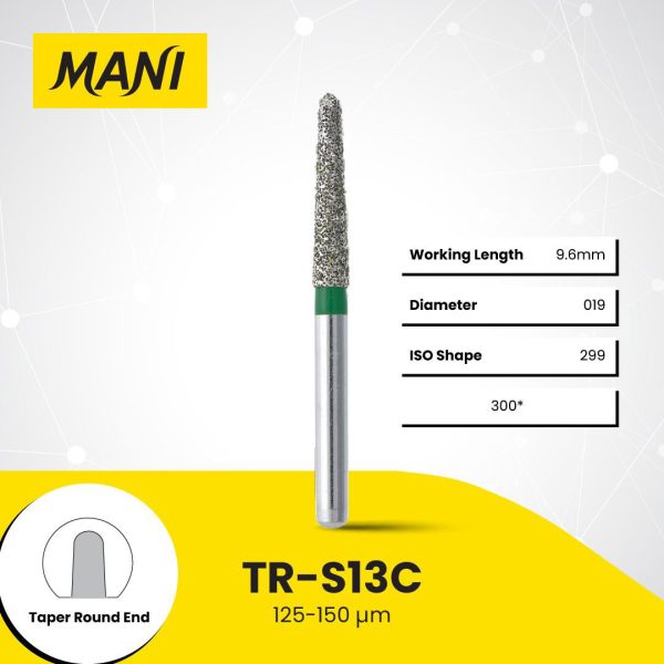 Mani Diamond Bur TR-S13C Curettage Coarse Grit Green FG SS Short Shank 16.5mm (5) Mani Diamond Bur TR-S13C Curettage Coarse Grit Green FG SS Short Shank 16.5mm (5)